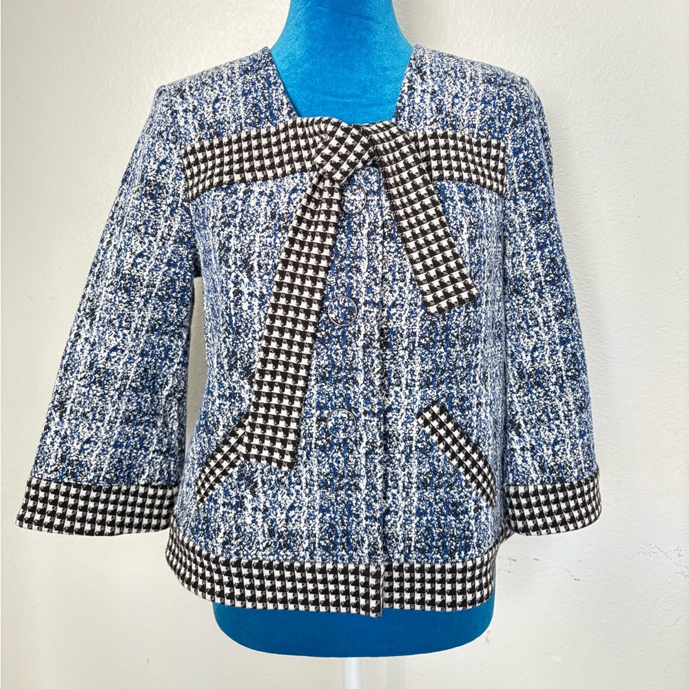 CAbi Blue and Black Blazer with Gingham Trim